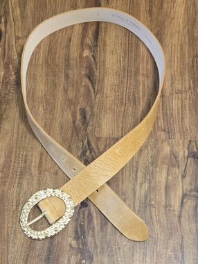 Streets Ahead "Ainsley" Tan Leather Belt with Decorative Gold Oval Buckle